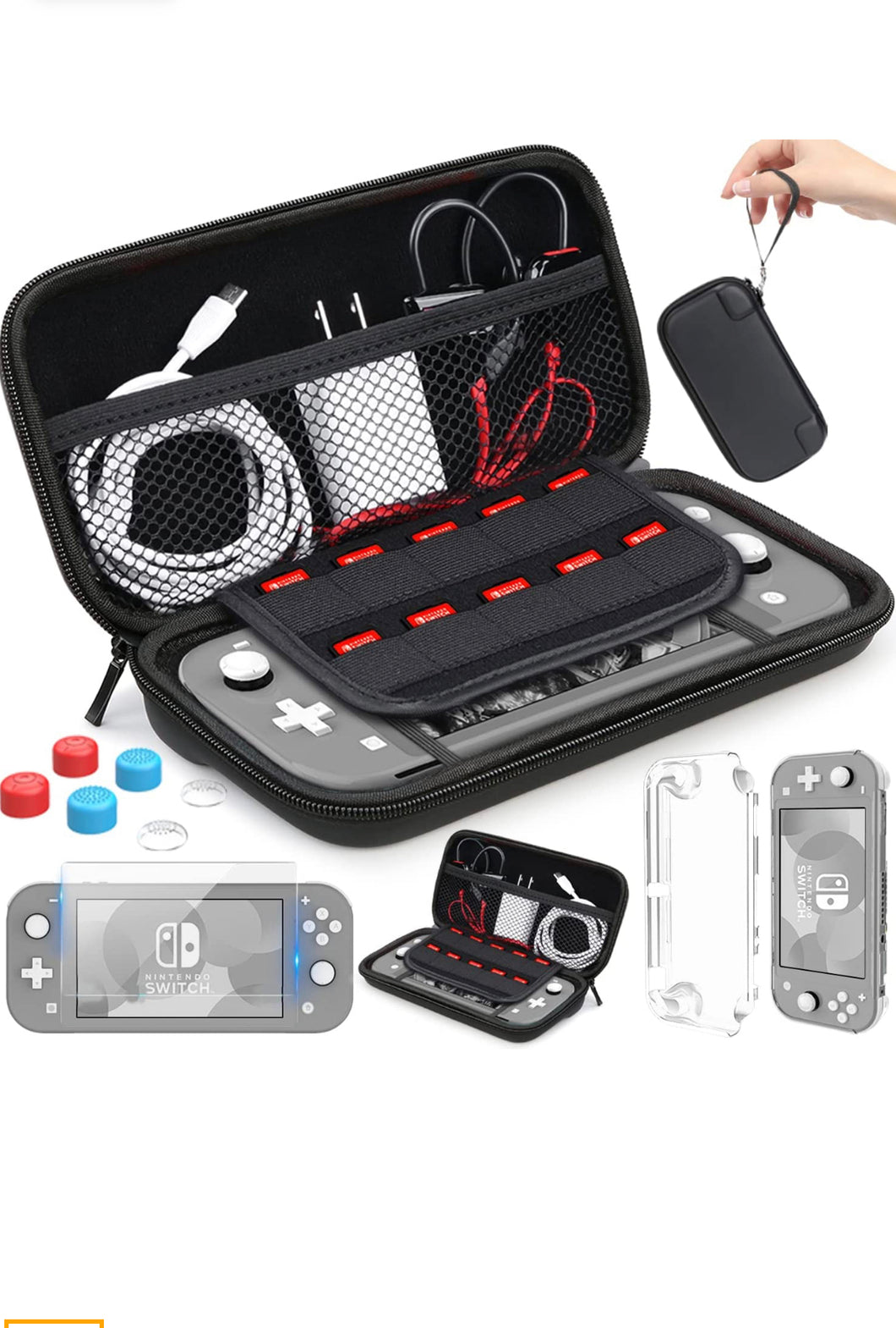 Compatible with Nintendo Switch Lite Carrying Case, Mini Switch Lite Cover Case + Tempered Glass Screen Protector + Games Card + 6 Thumb Grip Caps Compatible with Nintendo Switch Lite Accessories Kit